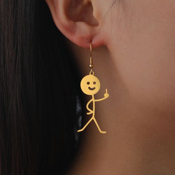 10 pairs of cartoon-style middle finger earrings featuring humanoid figures, made from stainless steel with loop charms, ideal as quirky gifts for friends
