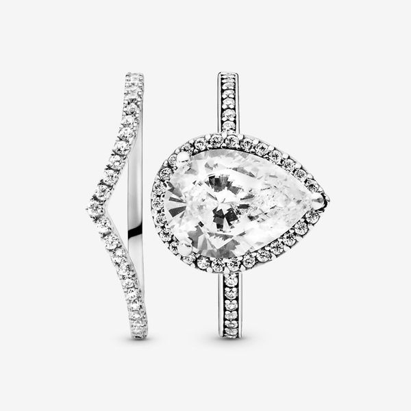 100% 925 Sterling Silver Teardrop Halo and Bone Stackable Ring Set for Women's Wedding and Fashion Jewelry