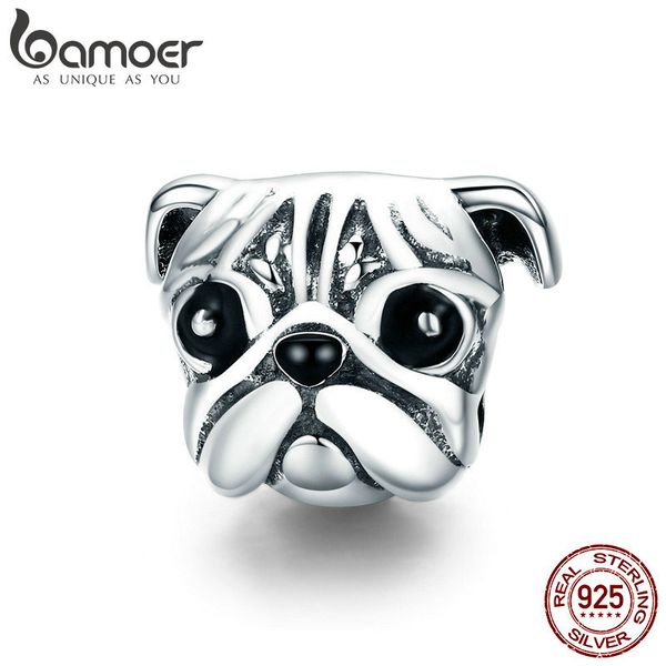 100% pure 925 sterling silver pug dog head charm beads for women's DIY jewelry, fitting bracelets and necklaces SCC834 210512