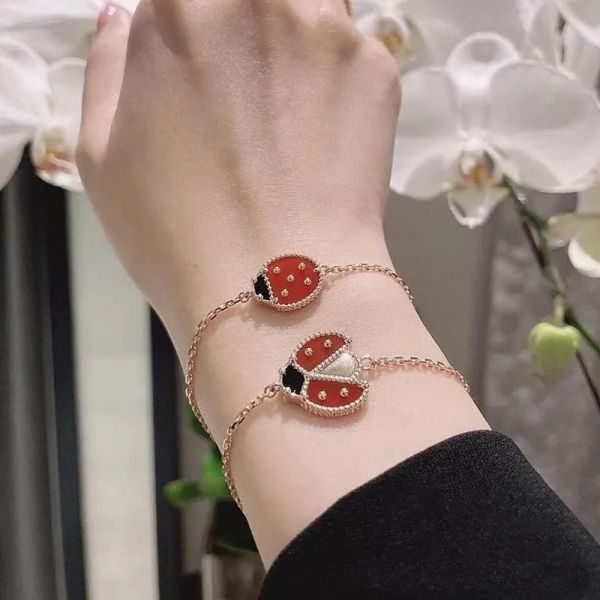100% silver charm bracelet for women with four-leaf clover, rose gold ladybug, cherry, and heart motifs
