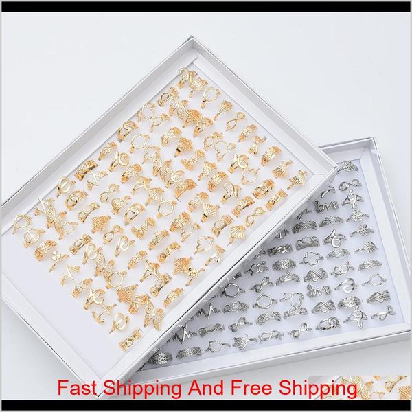 100-piece wholesale set of golden and silver hollow heart, love crown, cluster ring, and flower mix-style fashion rings for women, ideal as wedding gifts or jewelry