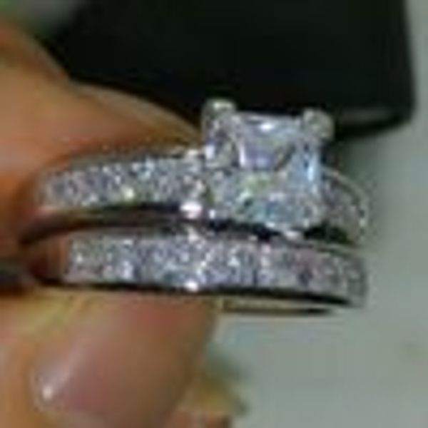 10kt white gold filled princess cut topaz and CZ diamond wedding ring set for women