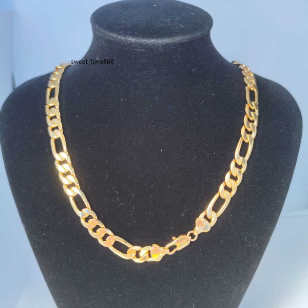 10mm Italian Figaro Link Chain Men's Necklace in 14k Yellow Gold, 21-inch (55cm) length, stamped for authenticity, crafted from solid brass