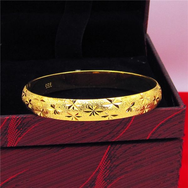 10mm wide women's bangle bracelet with carved star design in 18K yellow gold filled, solid Dubai wedding jewelry, vintage style, 60mm diameter