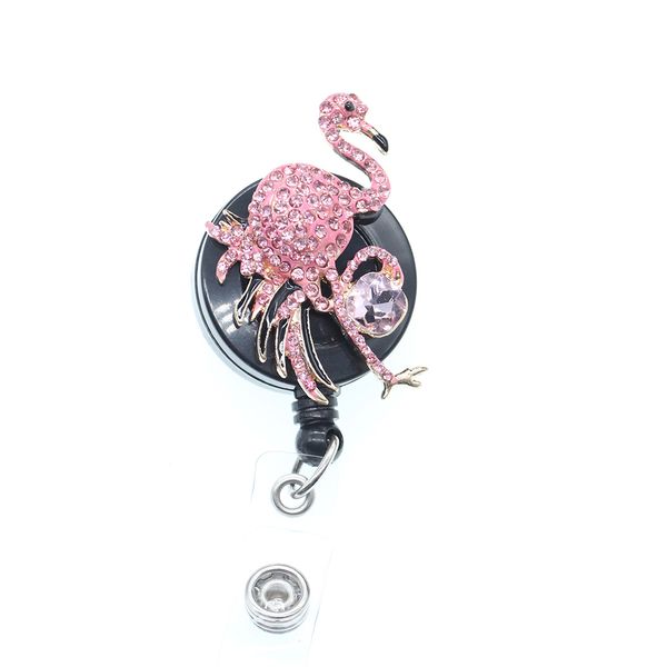 10PCS Rose Pink Crystal Rhinestone Flamingo Key Rings - Retractable ID Badge Reel for Nurses and Medical Staff