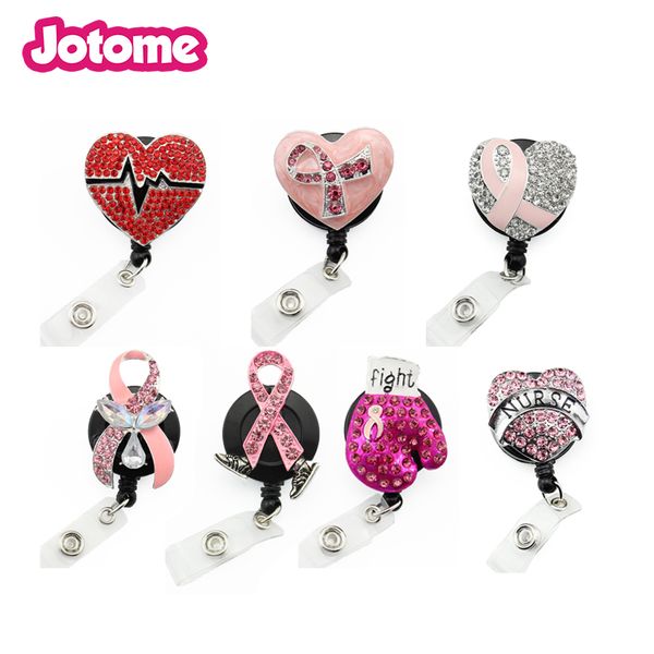 10-piece mixed medical badge reels with pink ribbon for breast cancer awareness, ideal for nurses and ID holders