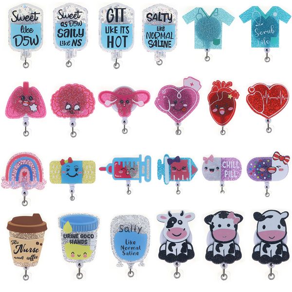 10-piece mixed style medical keyring set with bling glitter acrylic retractable badge reels and alligator clips for healthcare workers