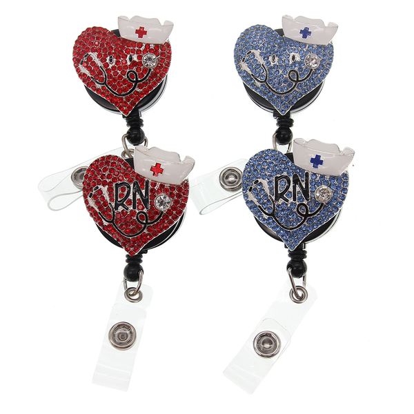 10-piece retractable nurse badge reels with heart-shaped RN design, featuring enamel and rhinestone details, plus clip attachment