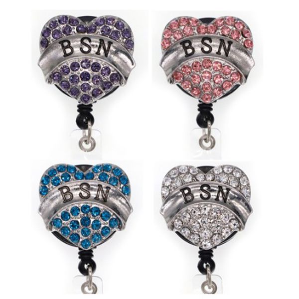 10-piece Rhinestone Heart Key Rings with ID Badge Reels for Nurses and Doctors featuring Stethoscope Design and Retractable BSN Badge Holder