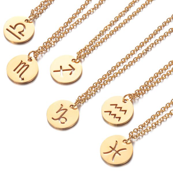 12 gold-colored zodiac constellation coin necklaces featuring horoscope star signs, a stylish stainless steel clavicle chain jewelry perfect for gifting