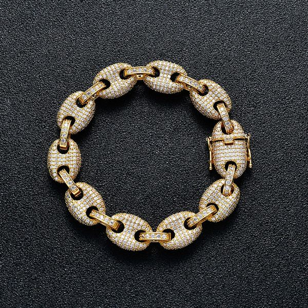 12mm wide stylish hip hop CZ stone embellished solid coffee bean link chain bracelets for men and women, trendy rapper jewelry