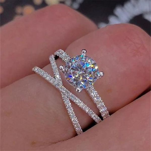 14K gold cluster ring with zircon diamonds, double-wound engagement band, elegant white topaz jewelry in 925 silver, presented in a gift box