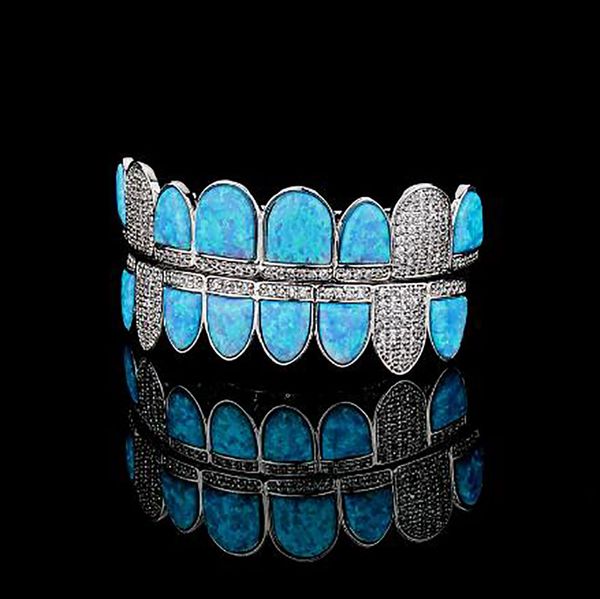 14K Gold CZ Vampire Teeth Grillz Iced Out Micro Pave Cubic Zircon BLUE Opal 8 Tooth Hip Hop Grill Top Bottom Mouth Grillzs Set with Silicon