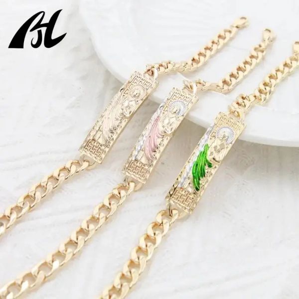 14k Gold Green San Judas Tadeo Bracelet for Men and Women - Punk Style Religious Jewelry in Platinum Finish