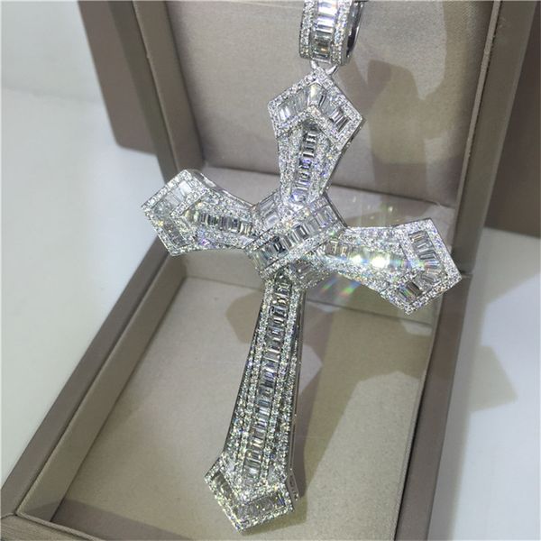 14K gold long cross pendant with moissanite diamonds, crafted in 925 sterling silver, perfect as a wedding or party jewelry gift for women and men