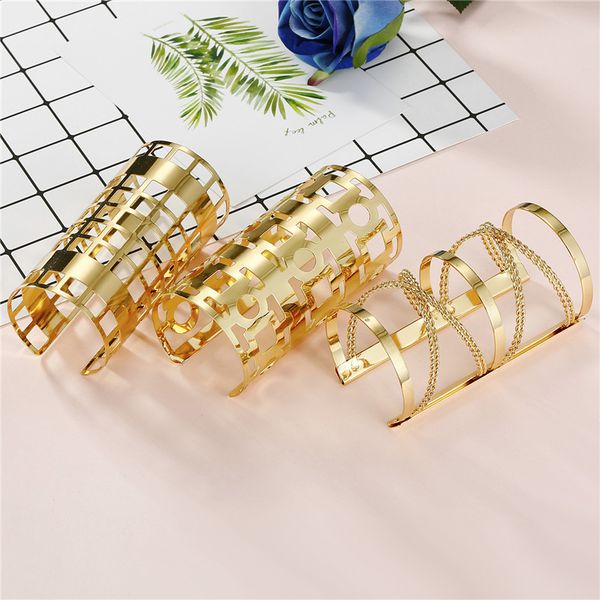 14K gold-toned adjustable hollow geometric bangle bracelet for women and men
