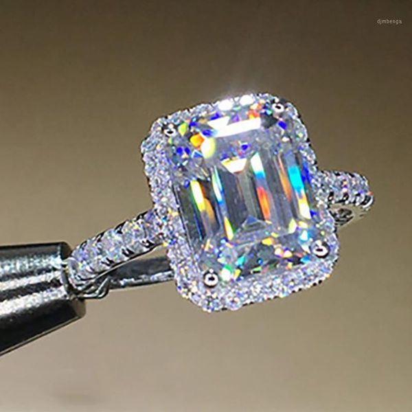 14K white gold emerald-cut moissanite diamond ring for women's weddings, parties, and anniversaries