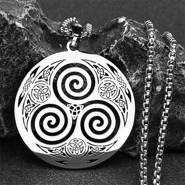 14K white gold Viking Celtic knot Triskele necklace for both genders, a Wiccan and supernatural talisman chain jewelry piece