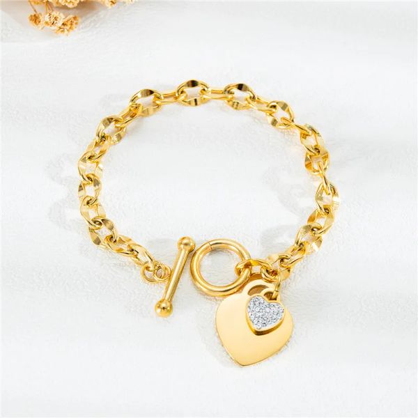 14k Yellow Gold Bohemian Bracelet for Women with Rhinestone Accents, Double Heart Charm Design