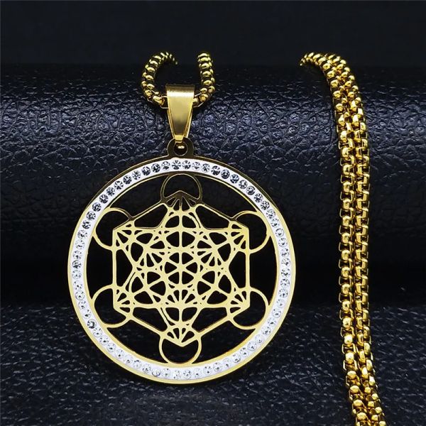 14k yellow gold chakra necklace for men and women featuring the sacred Metatron's Cube symbol