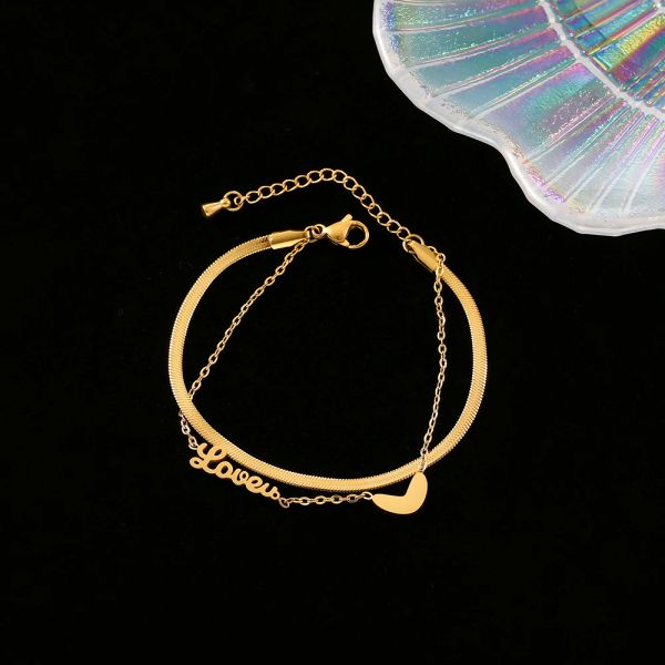 14k yellow gold double heart letter bracelet and anklet jewelry for women