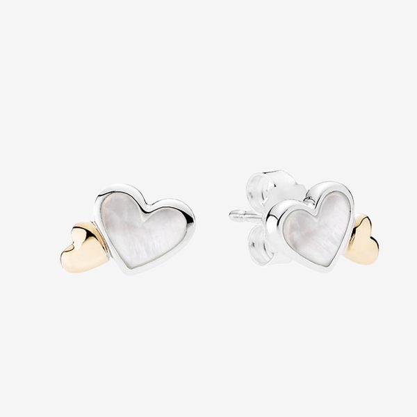 14K yellow gold heart stud earrings for women, a wedding jewelry set with original Pandora 925 sterling silver love heart earrings and box