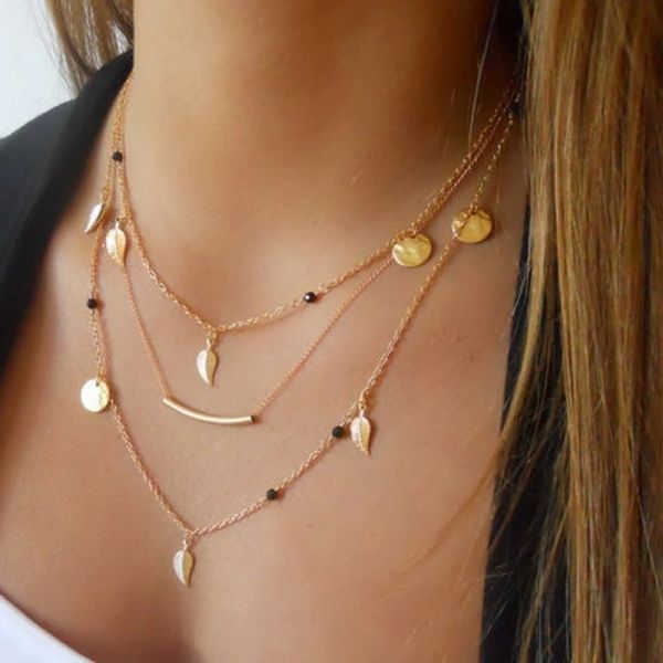 14k yellow gold multi-layer fashion necklace with chain beads and leaf pendant for women
