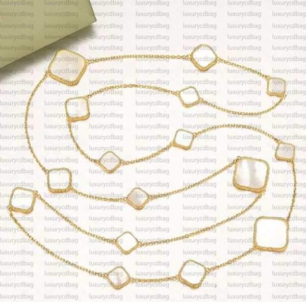 16 Motif Long Necklace with Four Leaf Clover Pendants in Mother-of-Pearl and 18K Gold Plated Stainless Steel for Women and Girls, Perfect for Valentine's Day and Mother's Day