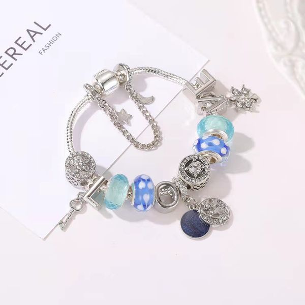 16-21CM letter jewelry featuring a blue starry sky pendant charm bracelet with 925 silver snake chain and crystal beads, perfect for DIY bangle gifts between close friends