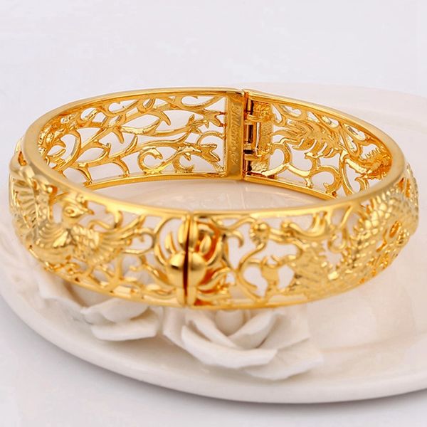 16mm thick dragon phoenix bangle for women in solid 18k yellow gold filled, perfect as a Dubai wedding party bride bracelet jewelry gift with 60mm diameter