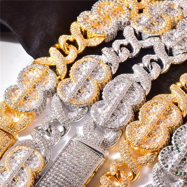 18/20/22/24-inch gold and silver plated Cuban chain necklace with CZ bling, a stylish dollar sign design for men and women's streetwear jewelry