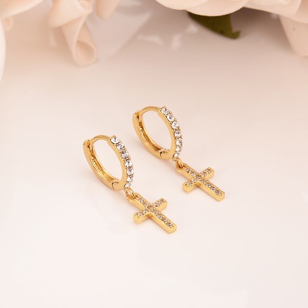 18K gold dangle and chandelier cross earrings with CZ inlay for women, special Christian jewelry design with God Bless theme