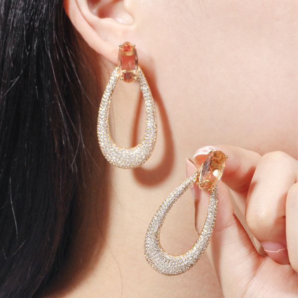 18k gold designer drop earrings with champagne cubic zirconia for women's parties and weddings