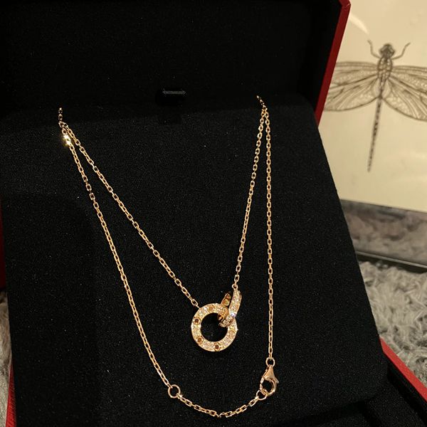 18K gold diamond love necklace featuring a classic double ring screw neck design for women