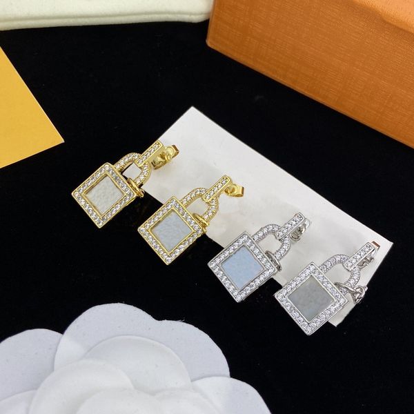 18K Gold Plated Luxury Designer Double Letter Stud Long Drop Geometric Classic Women's S925 Silver Crystal Rhinestone Earrings