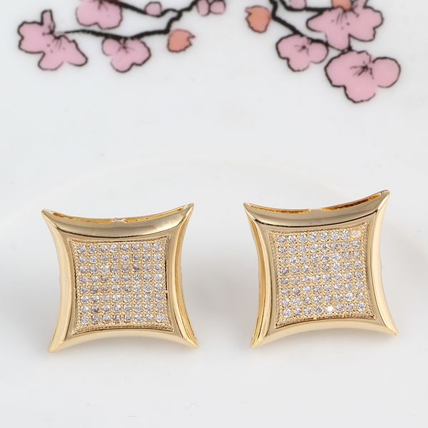 18K gold plated sterling silver square stud earrings with iced-out CZ diamonds for men and women