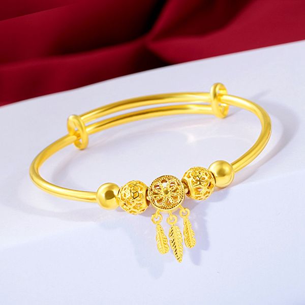 18k gold-filled adjustable bangle bracelet with classic push-pull beads, a solid jewelry gift for women measuring 60mm in diameter
