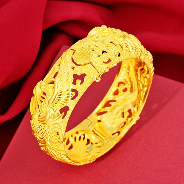 18k gold-filled elegant wedding bracelet featuring traditional dragon and phoenix design, a stylish jewelry gift for women