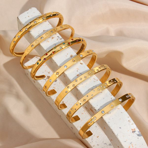 18K gold-plated delicate luxury bangles with colorful zircon stars, stylish waterproof bracelets for women