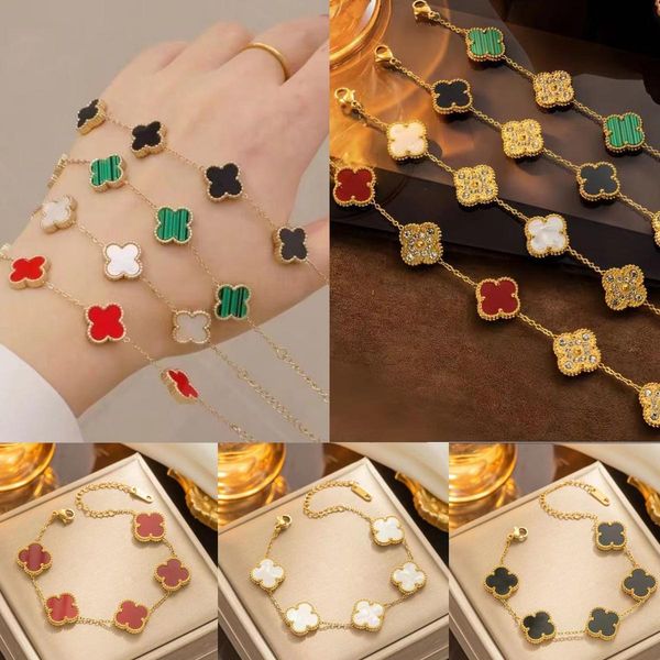 18K gold-plated elegant four-leaf clover charm bracelet with mother-of-pearl, a luxurious designer jewelry piece for women