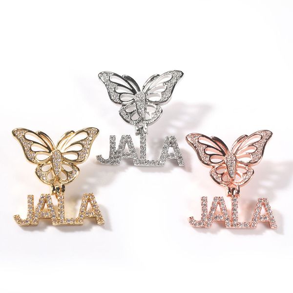 18k gold-plated men's butterfly pendant charm with custom lettering and iced-out design