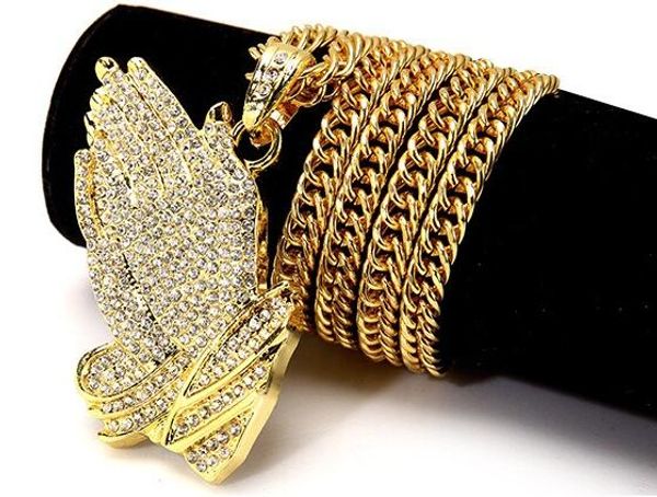 18k gold-plated religious hip-hop necklace featuring praying hands, a stylish gift for men and women