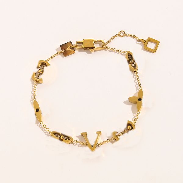 18K gold-plated stainless steel stylish classic women's bangle bracelet with flower beads, a perfect lovers' gift wristband cuff chain