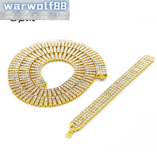 18k gold-plated zirconium alloy necklace and bracelet set for men with a hip-hop style featuring four rows