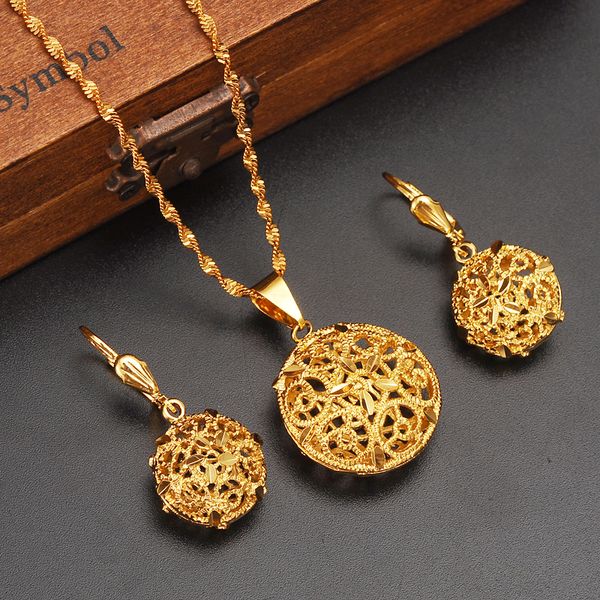 18k real gold hollow bead pendant necklace and earrings set for women with fine yellow gold finish