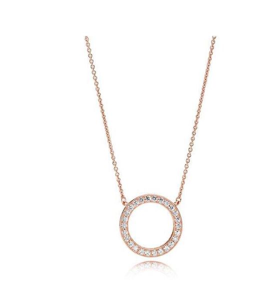18K rose gold 925 sterling silver signature circle pendant necklace with Pandora CZ diamond disc chain, includes original box for women's jewelry