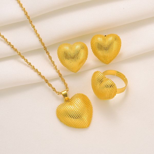 18K Solid Gold Filled 3D Plump Heart Pendant Necklace with Matching Stud Earrings and Ring Set for Weddings and Rani Haar Tikka