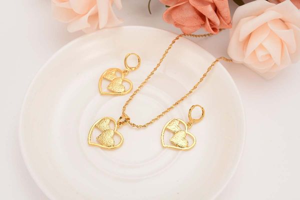 18k Solid Gold linked heart pendant set with chain and earrings for African bridal and wedding jewelry