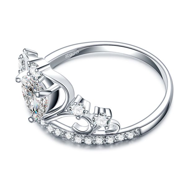 18K white gold filled princess-cut diamond wedding ring set for women, featuring an elegant eternity band and engagement crown design
