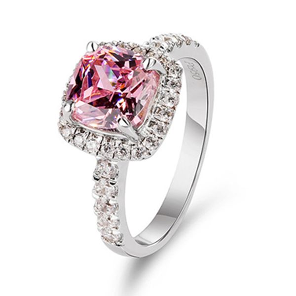 18K white gold plated NSCD cushion diamond engagement ring for women in sterling silver, featuring a luxurious halo design with elegant packaging